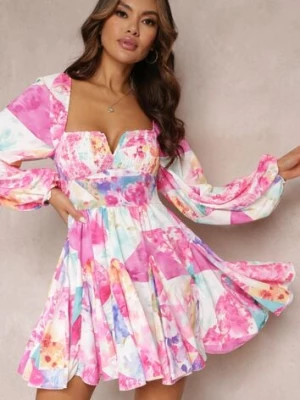 Różowa Rozkloszowana Sukienka w Kwiaty z Kwadratowym Dekoltem Averla allyson