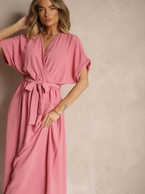 Różowa Rozkloszowana Sukienka z Bawełną i Paskiem Lunapinia j&x