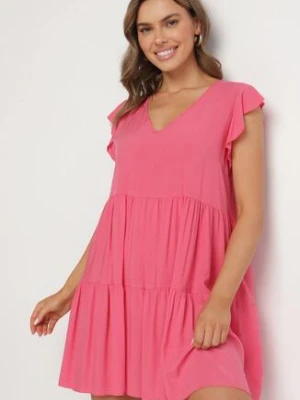 Różowa Rozkloszowana Sukienka z Bawełny Ozdobiona Falbankami Natiriane defox