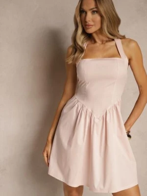 Różowa Rozkloszowana Sukienka z Bawełny z Paskiem Wokół Szyi Kolanora new collection