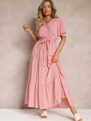 Różowa Rozkloszowana Sukienka z Falbanką i Wiązanym Paskiem Adotine cflo