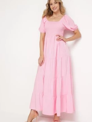 Różowa Rozkloszowana Sukienka z Gumką w Talii i Bufiastymi Rękawami Evulla