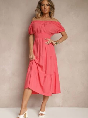 Różowa Rozkloszowana Sukienka z Gumką w Talii i Dekoltem w Kształcie Łódki Miratela j&x