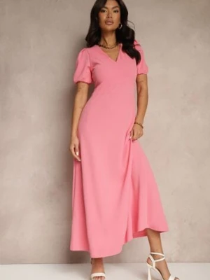 Różowa Rozkloszowana Sukienka z Lekko Bufiastymi Rękawami i Dekoltem V Efrusae by swan