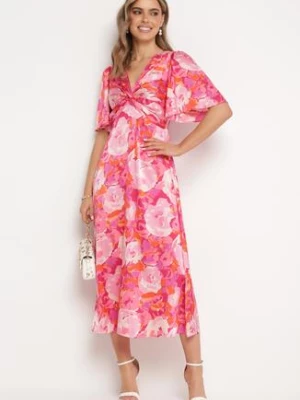 Różowa Rozkloszowana Sukienka z Marszczonym Dekoltem i Gumką w Pasie Ozdobiona Rozcięciami Balpia retro & icone