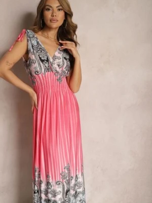 Różowa Rozkloszowana Sukienka z Trójkątnym Dekoltem i Ściągaczami w Ramionach Aneapmia generation