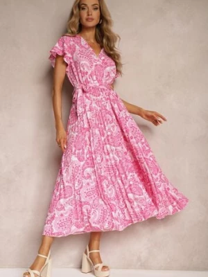 Różowa Rozkloszowana Sukienka z Trójkątnym Dekoltem z Materiałowym Paskiem i Gumką w Talii Carimi