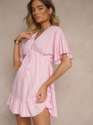 Różowa Rozkloszowana Sukienka z Wiskozą z Rękawami Typu Nietoperz i Falbanką Nellimi new collection