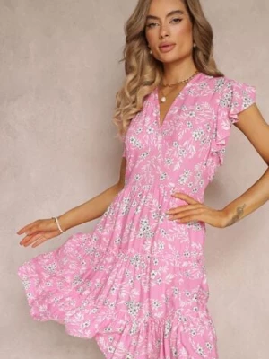 Różowa Rozkloszowana Sukienka z Wiskozy i Falbankami Brindisi cflo