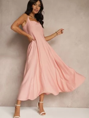 Różowa Rozkloszowana Sukienka z Wiskozy Ozdobiona Kwadratowym Dekoltem Avledia unigirl