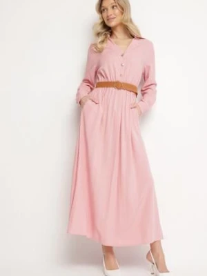 Różowa Rozkloszowana Sukienka z Wiskozy z Elastycznym Paskiem i Rozcięciem Reilivra unigirl