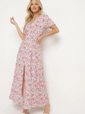 Różowa Rozkloszowana Sukienka z Wiskozy z Gumką w Pasiei Rozcięciem na Nogę Missani rosa