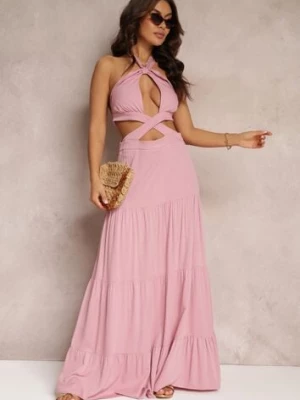 Różowa Rozkloszowana Sukienka z Wiskozy z Wiązaniem i Wycięciami Kailen elsa.m by may