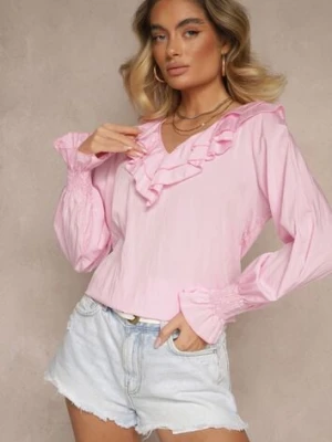 Różowa Rustykalna Bluzka z Wiskozą z Dekoltem w Serek i Falbankami Lislimi new collection