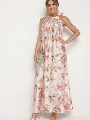 Różowa Satynowa Sukienka w Kwiaty Fenaresia