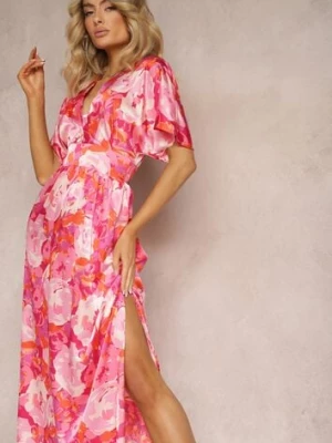 Różowa Satynowa Sukienka z Kopertową Górą Luźnymi Rękawami i Rozkloszowanym Krojem Karlemia retro & icone