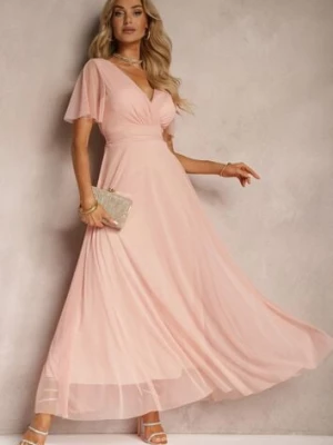 Różowa Siateczkowa Sukienka z Kopertowym Dekoltem Wiązana w Talii Niblea lovery