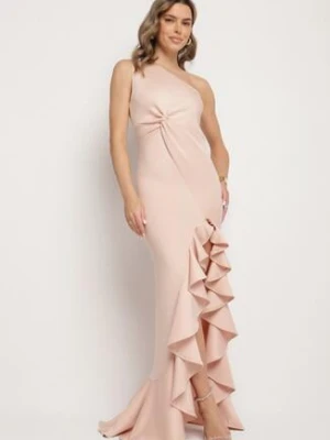 Różowa Sukienka Asymetryczna z Ozdobną Falbaną Lunorilla messaya