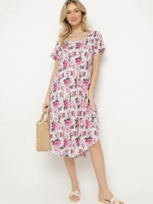 Różowa Sukienka Bawełniana z Asymetrycznym Dołem w Kwiatki Nativienne defox