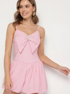 Różowa Sukienka Bombka na Cienkich Ramiączkach z Kokardą i Cyrkoniami Paliandria lovery