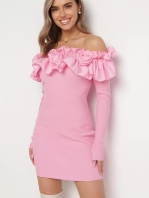 Różowa Sukienka Hiszpanka Mini z Falbankami Xerxeni