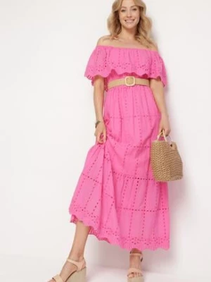 Różowa Sukienka Hiszpanka z Gumką w Pasie Ozdobiona Falbanką Lievana wei wei