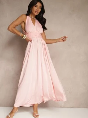 Różowa Sukienka Koktajlowa Multiway z Wiskozą Wiązana na Szyi Lilovea by swan
