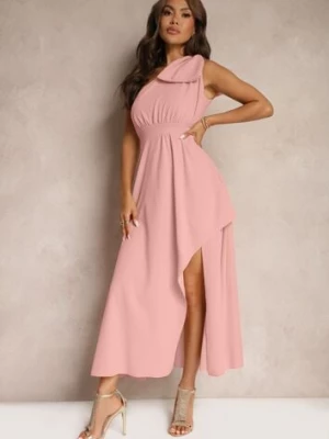 Różowa Sukienka Koktajlowa o Asymetrycznym Kroju na Jedno Ramię Ozdobiona Kokardą Vimorissa lovery