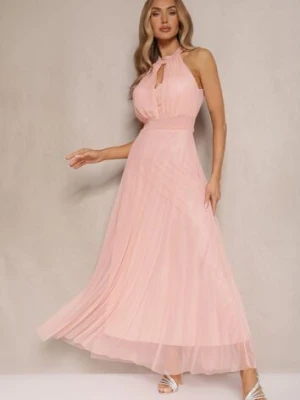 Różowa Sukienka Koktajlowa z Siateczką Wiązana Materiałowym Paskiem ze Stójką Nestassi lovery