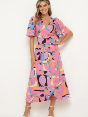 Różowa Sukienka Kopertowa z Dekoltem w Serek Wiązana w Pasie Lumolia retro & icone