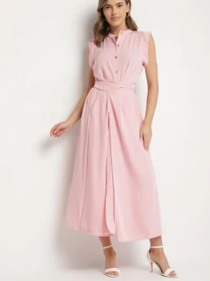 Różowa Sukienka Koszulowa o Rozkloszowanym Kroju z Wiązaniem w Pasie Mavirielle allyson