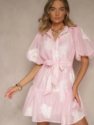 Różowa Sukienka Koszulowa z Bawełną Ozdobiona Paskiem i Haftami Lirine lovery