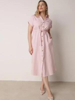 Różowa Sukienka Koszulowa z Bawełną Wiskozą i Ozdobnymi Guzikami Parranes unigirl