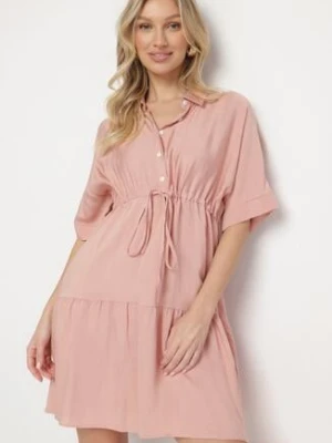 Różowa Sukienka Koszulowa z Wiskozy z Kołnierzykiem i Wiązaniem Nanieria cflo