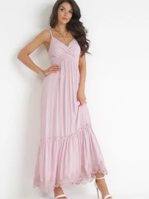 Różowa Sukienka Maxi na Ramiączkach z Gumką w Pasie i Koronkową Wstawką Envama