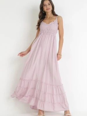 Różowa Sukienka Maxi na Ramiączkach z Koronkowymi Wstawkami i Falbankami Lemera