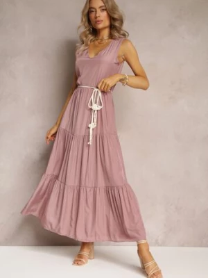 Różowa Sukienka Maxi o Rozkloszowanym Fasonie z Ozdobnym Sznurkiem i Trójkątnym Dekoltem Zornitsa