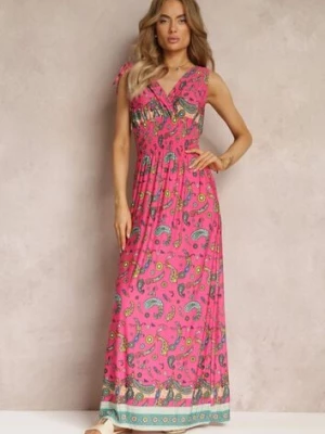 Różowa Sukienka Maxi we Wzór Pailsey z Rozkloszowanym Dołem i Gumką w Talii Kinslei generation