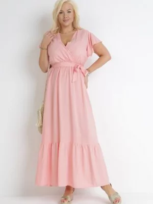 Różowa Sukienka Maxi z Gumką w Pasie i Materiałowym Paskiem Eisley