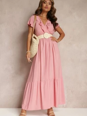 Różowa Sukienka Maxi z Kopertowym Dekoltem i Gumką w Talii Broka h&s