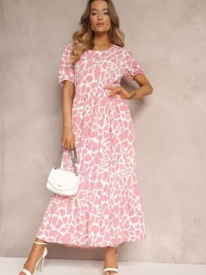 Różowa Sukienka Maxi z Krótkim Rękawem i Falbanką Hartleigh r&f fashion
