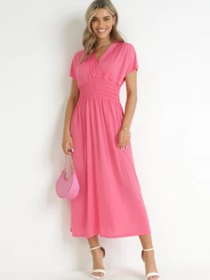Różowa Sukienka Maxi z Marszczoną Gumką w Talii Yalesima