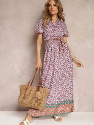 Różowa Sukienka Maxi z Paskiem i Gumką w Talii w Ornamentalny Wzór Calvim cflo