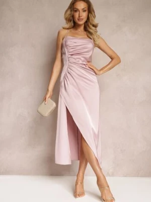Różowa Sukienka Maxi z Rozcięciem i Marszczeniem Viviepa vices