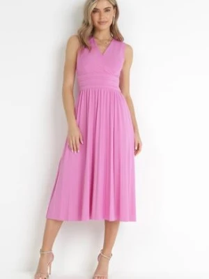 Różowa Sukienka Midi Bez Rękawów z Plisowanym Dołem Dreana by swan