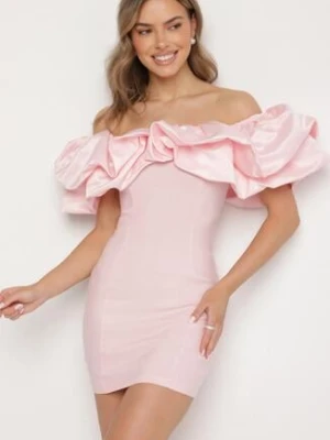 Różowa Sukienka Mini o Fasonie Hiszpanki z Bufiastymi Falbanami Asissa lovery