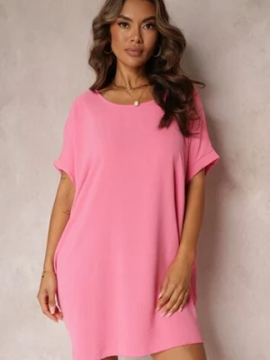 Różowa Sukienka Mini o Fasonie Nietoperza z Okrągłym Dekoltem Maglia new collection