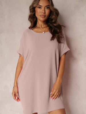 Różowa Sukienka Mini o Fasonie Nietoperza z Okrągłym Dekoltem Maglia New Collection