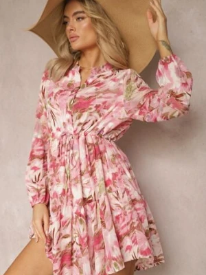 Różowa Sukienka Mini z Długimi Rękawami i Falbanką Ozdobiona Kwiatowym Wzorem Nadkira bisou's project