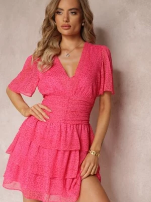 Różowa Sukienka Mini z Falbankami i Marszczeniem w Talii Kraisa retro & icone